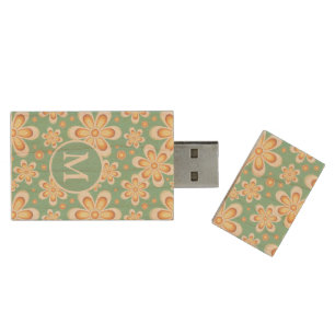 Teal and Yellow Spring Flower Pattern Monogram Wood Flash Drive