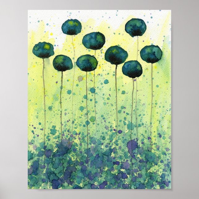 Teal and Yellow Watercolor Flowers, Modern Wall Poster (Front)