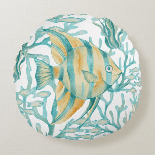 Teal Angelfish Watercolor Fish Round Pillow