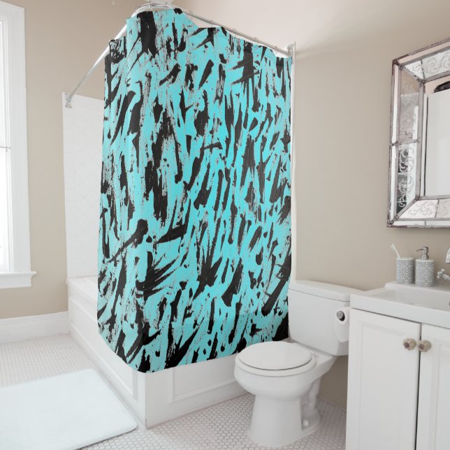 Teal Animal Print Abstract Shower Curtain (In Situ)