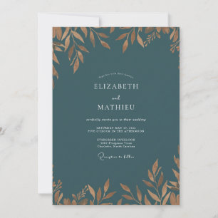 Teal Antique Gold Leaf Wedding Invitation
