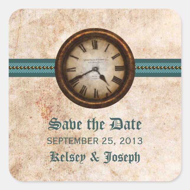 Teal Antique Save the Date Stickers (Front)