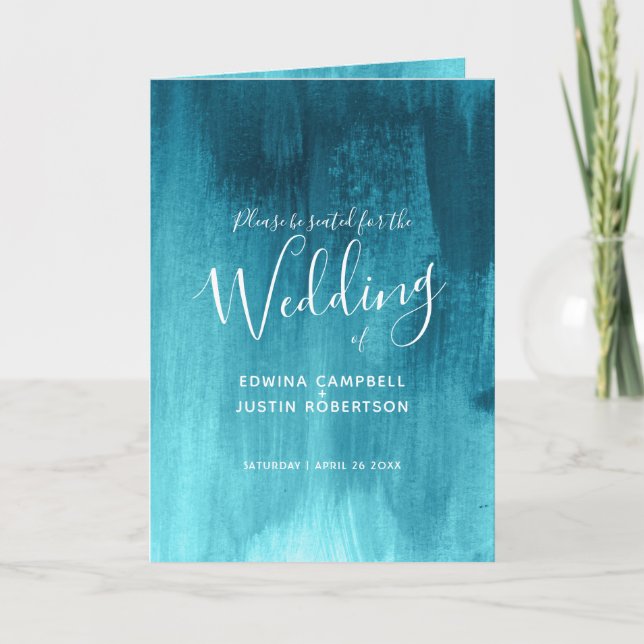 Teal aqua abstract art wedding programs (Front)