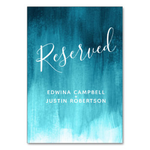 Teal aqua abstract wash modern art table reserved number