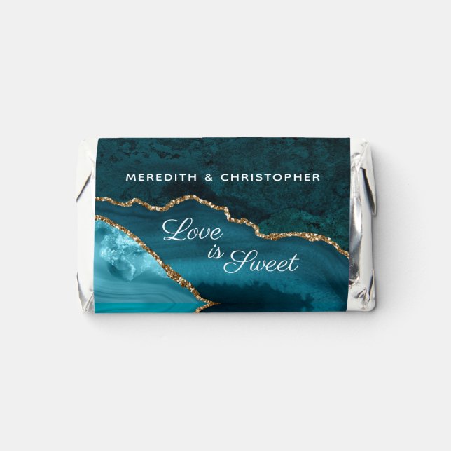 Teal Aqua Agate Gold Glitter Love is Sweet Wedding Hershey's Miniatures (Front)