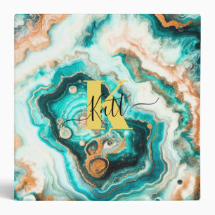 Teal Aqua Agate Golden Custom Modern Monogram 3 Ring Binder