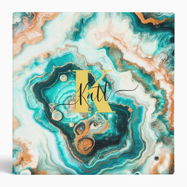 Teal Aqua Agate Golden Custom Modern Monogram 3 Ring Binder (Back)