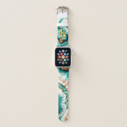 Teal Aqua Agate Golden Custom Modern Monogram Apple Watch Band
