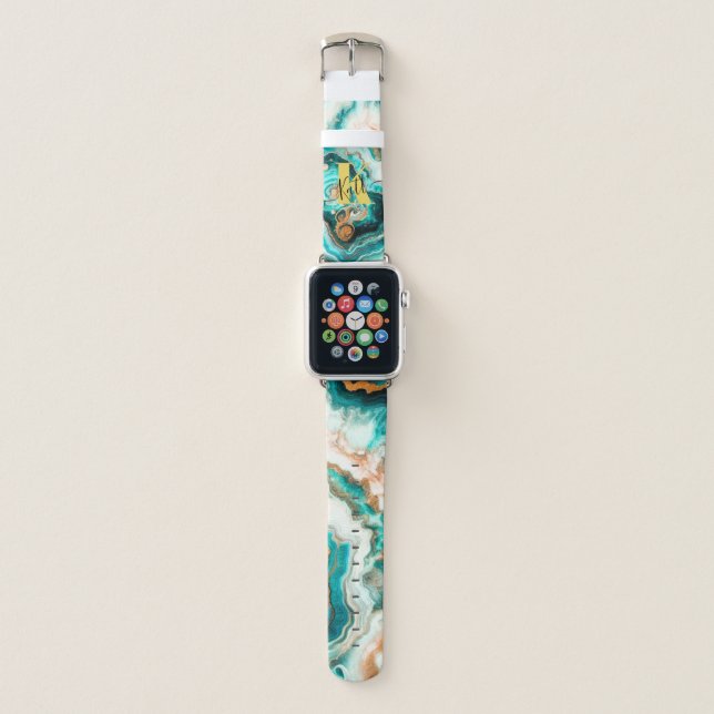 Teal Aqua Agate Golden Custom Modern Monogram Apple Watch Band (Front)