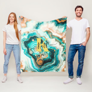 Teal Aqua Agate Golden Custom Modern Monogram Fleece Blanket