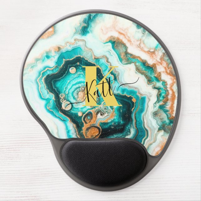 Teal Aqua Agate Golden Custom Modern Monogram Gel Mouse Pad (Front)