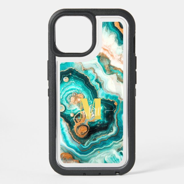 Teal Aqua Agate Golden Custom Modern Monogram iPhone 15 Case (Back)