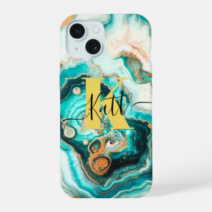 Teal Aqua Agate Golden Custom Modern Monogram iPhone 15 Case