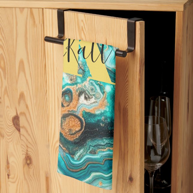 Teal Aqua Agate Golden Custom Modern Monogram Kitchen Towel (Thirds Fold)