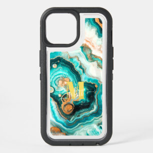 Teal Aqua Agate Golden Custom Modern Monogram iPhone 15 Case