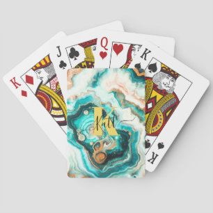 Teal Aqua Agate Golden Custom Modern Monogram Poker Cards