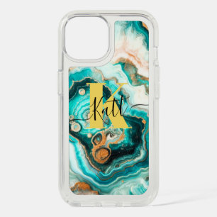Teal Aqua Agate Golden Custom Modern Monogram iPhone 15 Case