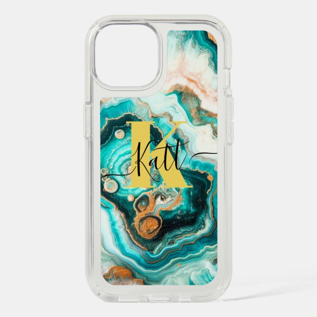 Teal Aqua Agate Golden Custom Modern Monogram Speck iPhone Case (Front)