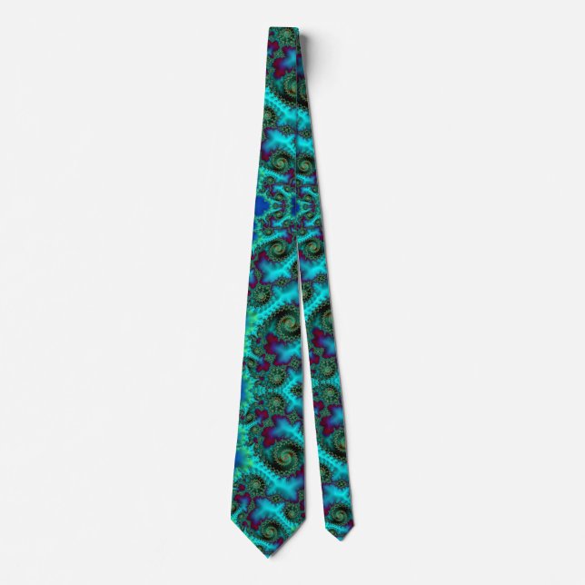 Teal Aqua and Plum Spiral Fractal Abstract Neck Tie (Front)