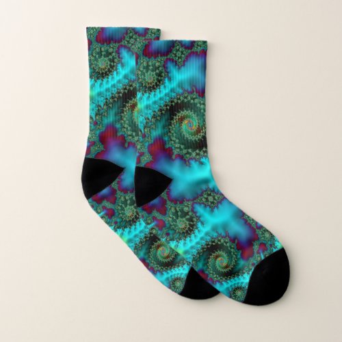 Teal Aqua and Plum Spiral Fractal Abstract Socks