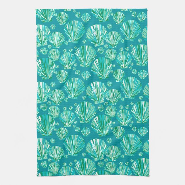 Teal, Aqua and Turquoise Sea Shells  Kitchen Towel (Vertical)