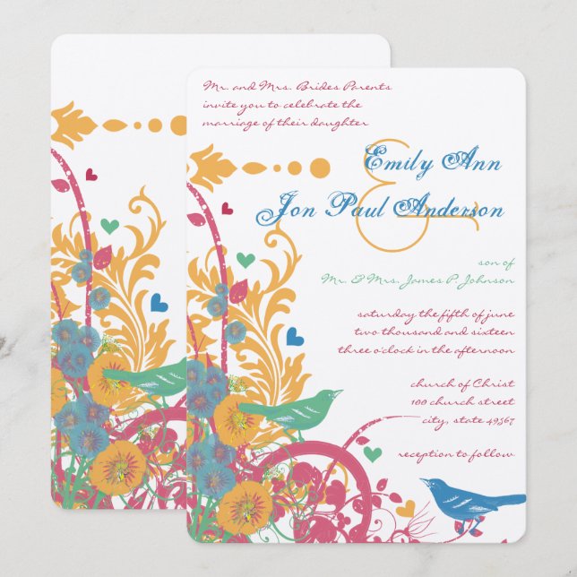 Teal Aqua Beeswax Raspberry Green Lovebird Wedding Invitation (Front/Back)