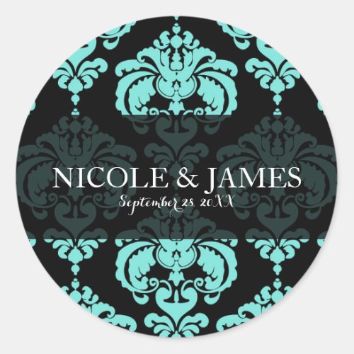 Teal Aqua Black Damask Vintage Wedding Event Favor Classic Round Sticker