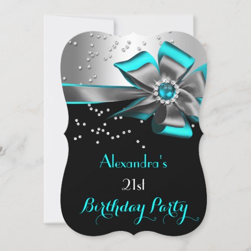 Teal Aqua Black Silver Bow Pearl Birthday Party 2 Invitation