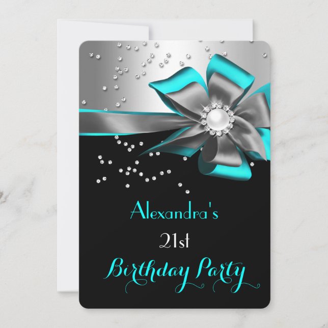 Teal Aqua Black Silver Bow Pearl Birthday Party Invitation (Front)