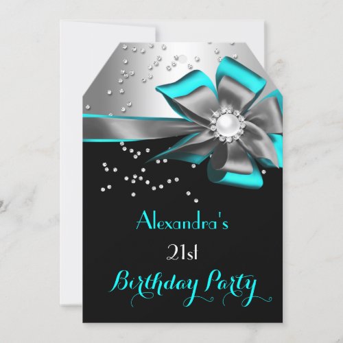 Teal Aqua Black Silver Bow Pearl Birthday Party Invitation