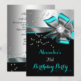 Teal Aqua Black Silver Bow Pearl Birthday Party Invitation