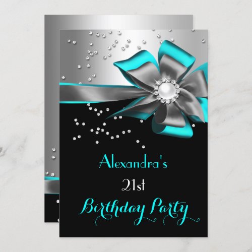 Teal Aqua Black Silver Bow Pearl Birthday Party Invitation