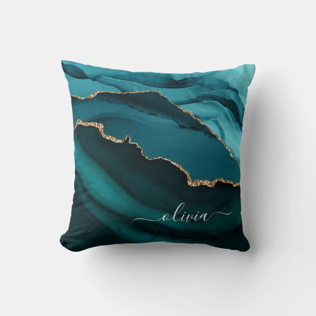 Teal Aqua Blue Agate Geode Gold Monogram Throw Pillow (Front)