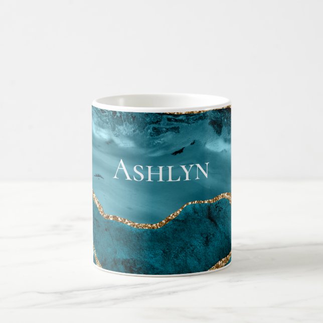 Teal Aqua Blue Agate Gold Glitter Coffee Mug (Center)