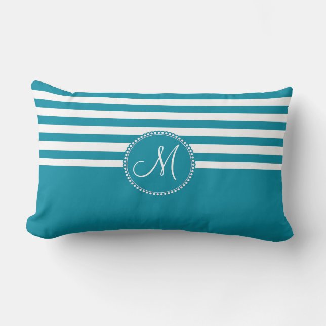 Teal Aqua Blue and White Striped Monogram Lumbar Pillow (Front)