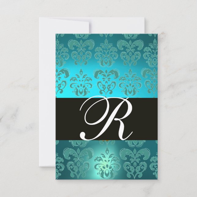 TEAL AQUA BLUE BLACK DAMASK MONOGRAM RSVP CARD (Front)