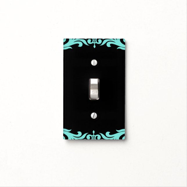 Teal Aqua Blue & Black Glam Pattern Modern Chic Light Switch Cover (In Situ)