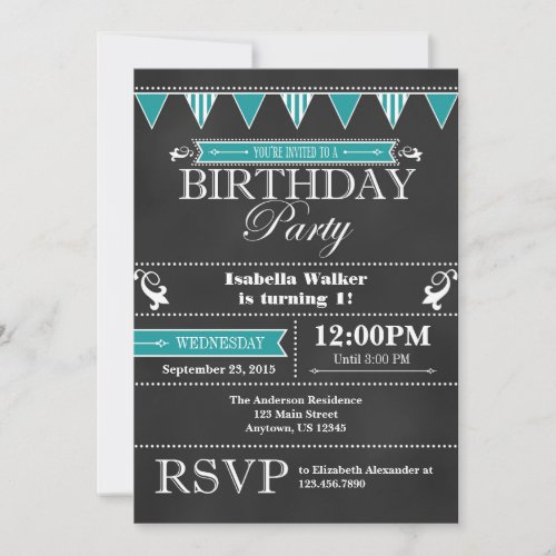 Teal Aqua Blue Chalkboard Birthday Invitation