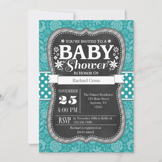 Teal Aqua Blue Chalkboard Floral Baby Shower Invitation (Front)