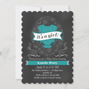 Teal Aqua Blue Chalkboard Girl Baby Shower Invite