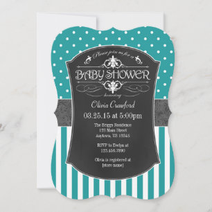 Teal Aqua Blue Chalkboard Stripes Baby Shower Invitation