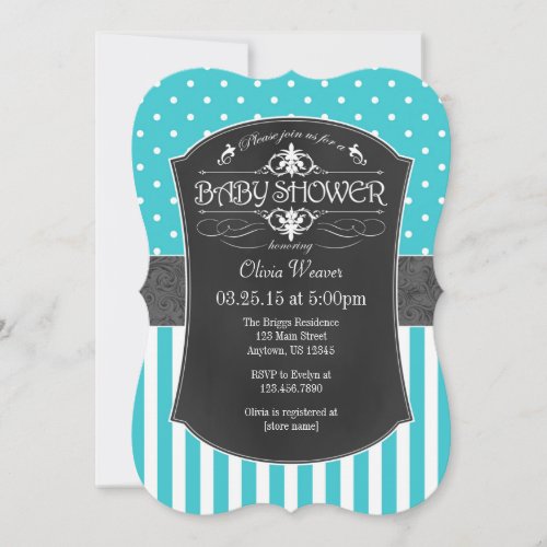 Teal Aqua Blue Chalkboard Stripes Baby Shower Invitation