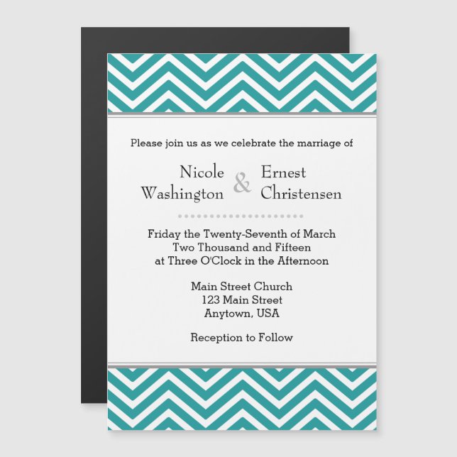Teal Aqua Blue Chevron Magnetic Wedding Invitation (Front/Back)