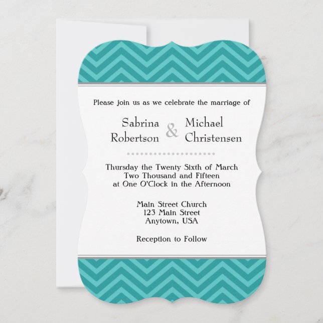 Teal Aqua Blue Chevron Wedding Invitations (Front)
