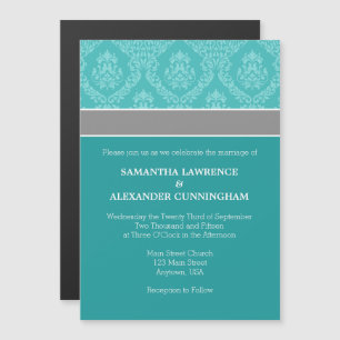 Teal Aqua Blue Damask Magnetic Wedding Invitation