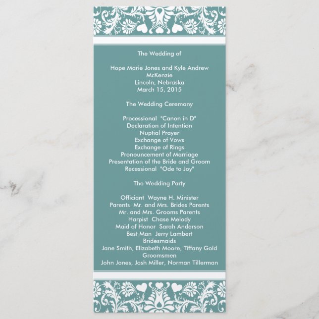 Teal Aqua Blue Damask Swirls Wedding Program (Front)