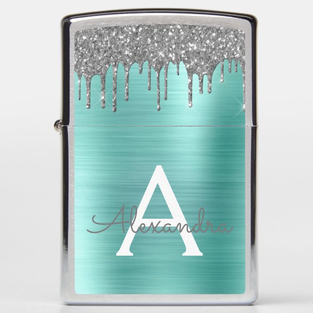 Teal Aqua Blue Foil Metallic Metal Monogram Zippo Lighter (Front)