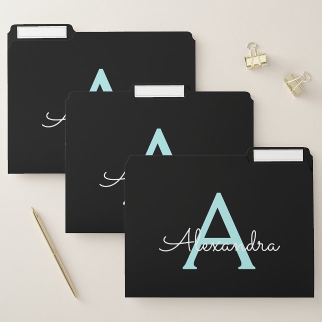 Teal Aqua Blue Girly Script Monogram Name Modern File Folder (Set)