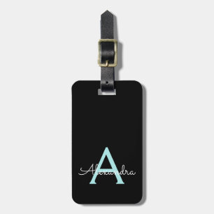 Teal Aqua Blue Girly Script Monogram Name Modern Luggage Tag