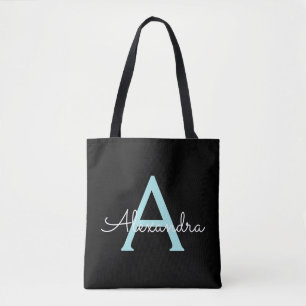 Teal Aqua Blue Girly Script Monogram Name Modern Tote Bag